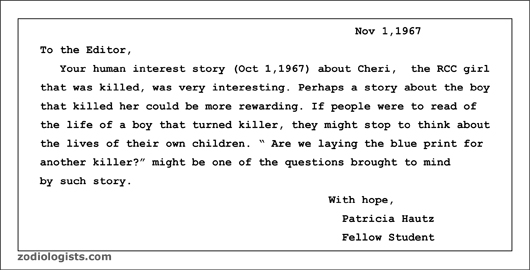 Zodiac Killer Patricia Hautz Letter